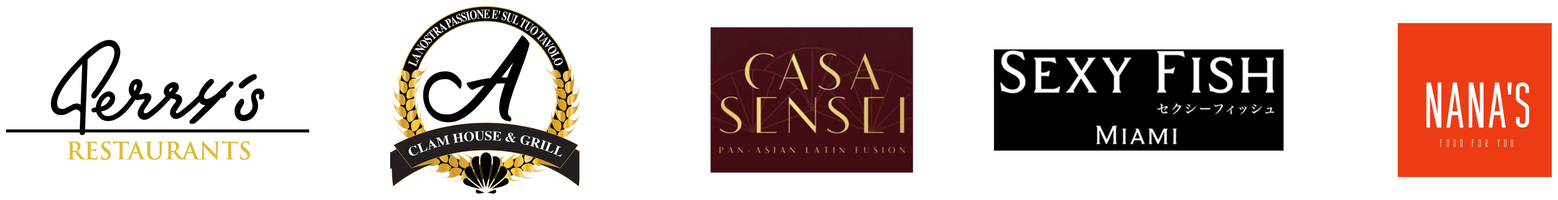 Client logos: Perry's Restaurants, Clam House & Grill, Casa Sensei, Sexy Fish Miami, Nana's