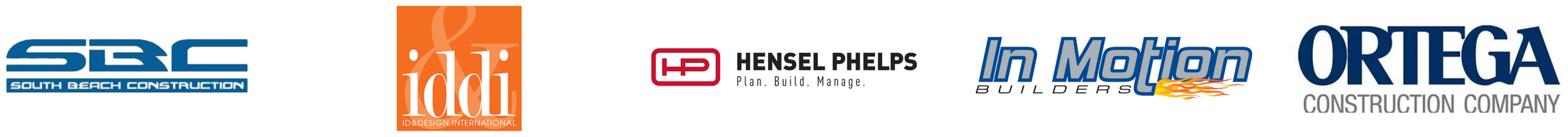 Client logos: South Beach Construction, IDDI, Hensel Phelps, In Motion Builders, Ortega Construction