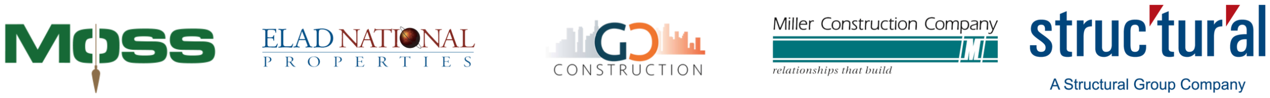 Client logos: Moss, Elad National Properties, GD Construction, Miller Construction Company, Structural