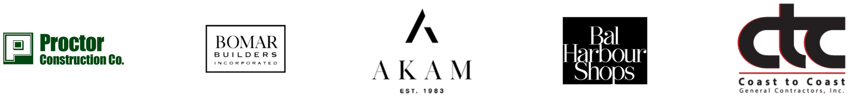 Client logos: Proctor Construction, Bomar Builders, AKAM, Bal Harbour Shops, Coast to Coast