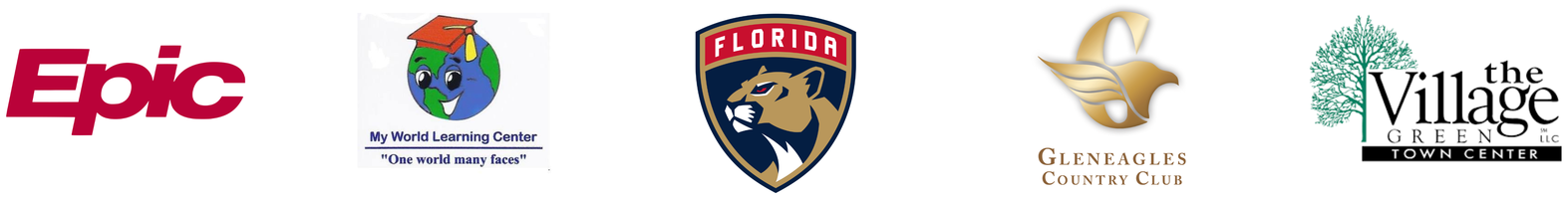 Client logos: Epic, My World Learning Center, Florida Panthers, Gleneagles Country Club, The Village Town Center