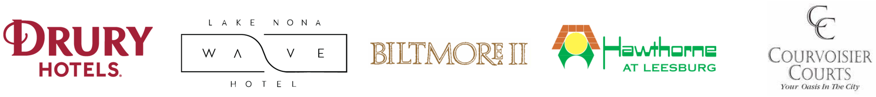Client logos: Drury Hotels, Lake Nona Wave Hotel, Biltmore II, Hawthorne at Leesburg, Courvoisier Courts