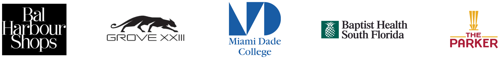 Client logos: Bal Harbour Shops, Grove XXIII, Miami Dade College, Baptist Health South Florida, The Parker