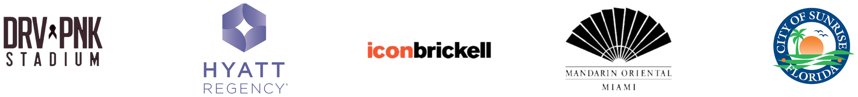 Client logos: DRV PNK Stadium, Hyatt Regency, Icon Brickell, Mandarin Oriental Miami, City of Sunrise