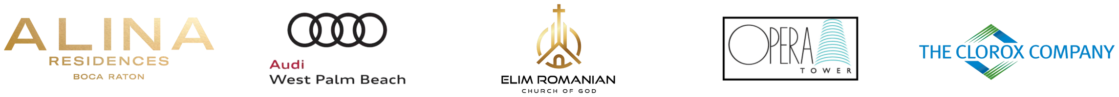 Client logos: Alina Residences Boca Raton, Audi West Palm Beach, Elim Romanian Church, Opera Tower, The Clorox Company