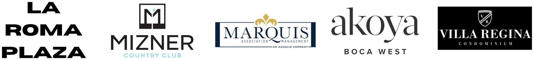 Client logos: La Roma Plaza, Mizner Country Club, Marquis, Akoya Boca West, Villa Regina