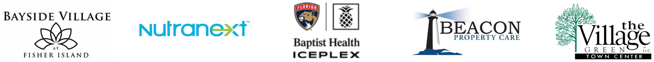 Client logos: Bayside Village Fisher Island, Nutranext, Baptist Health IcePlex, Beacon Property Care, The Village Green