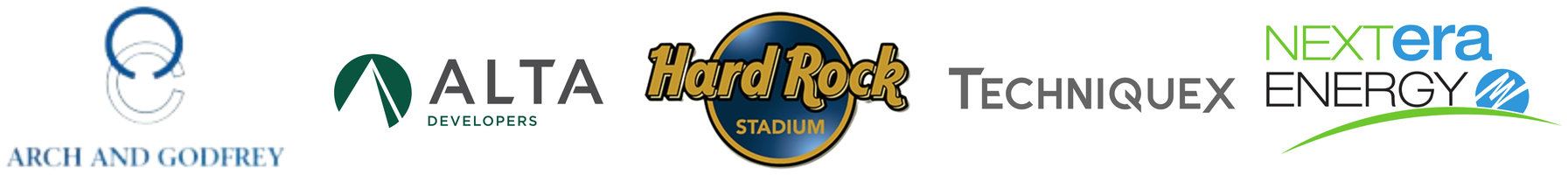 Client logos: Arch and Godfrey, Alta Developers, Hard Rock Stadium, Techniquex, NextEra Energy
