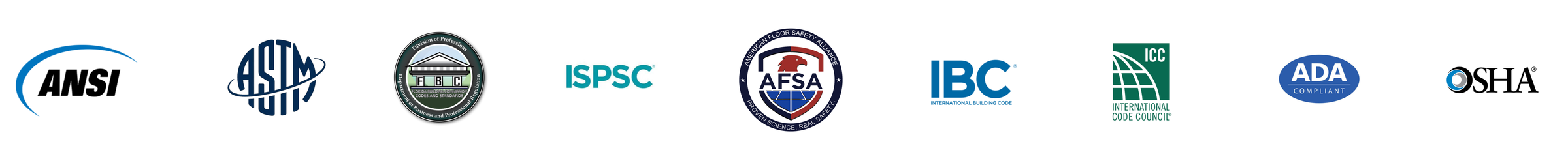 Standards and codes we test to: ANSI, ASTM, Florida Building Code, ISPSC, AFSA, IBC, ICC, ADA and OSHA