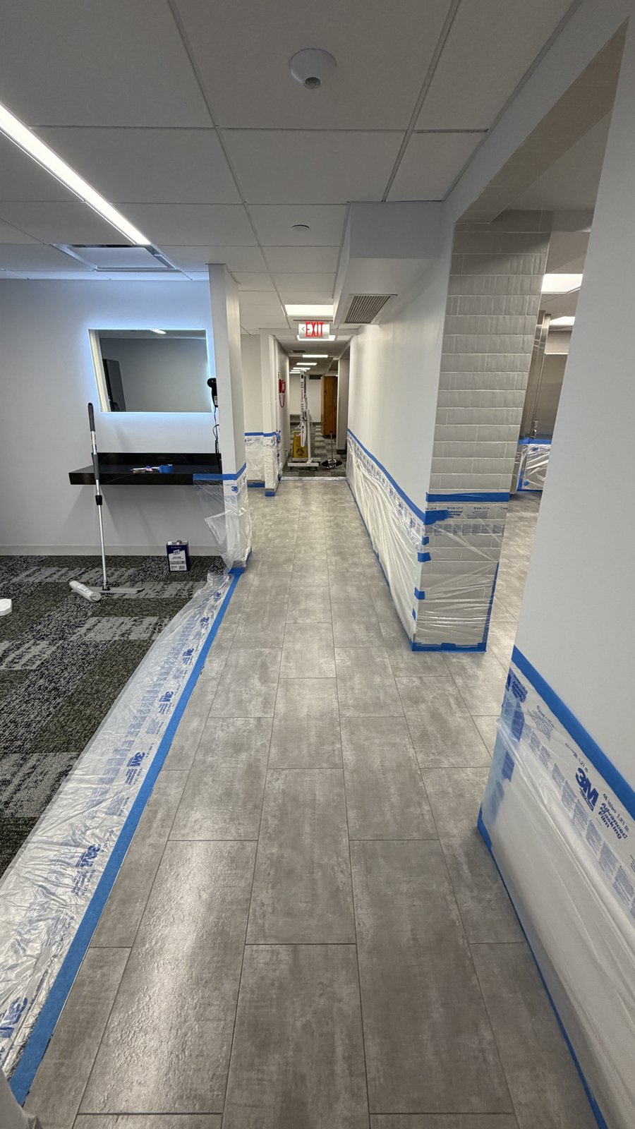 A treated hotel corridor.