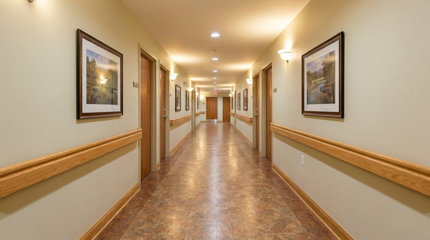 A resident corridor with handrails.