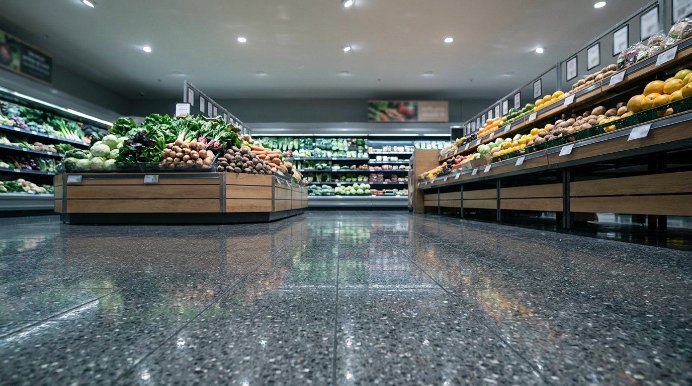 A produce aisle, floor wet.