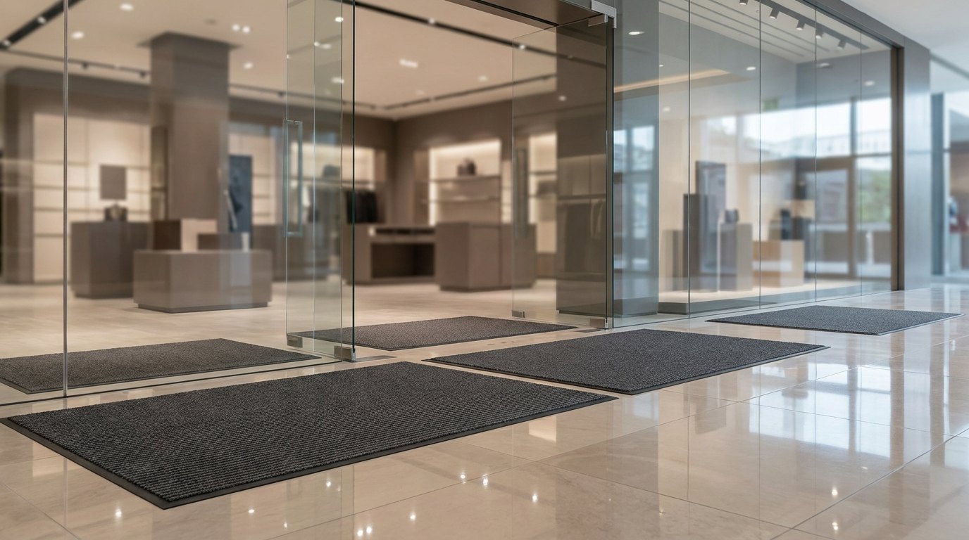 A store entrance with matting.