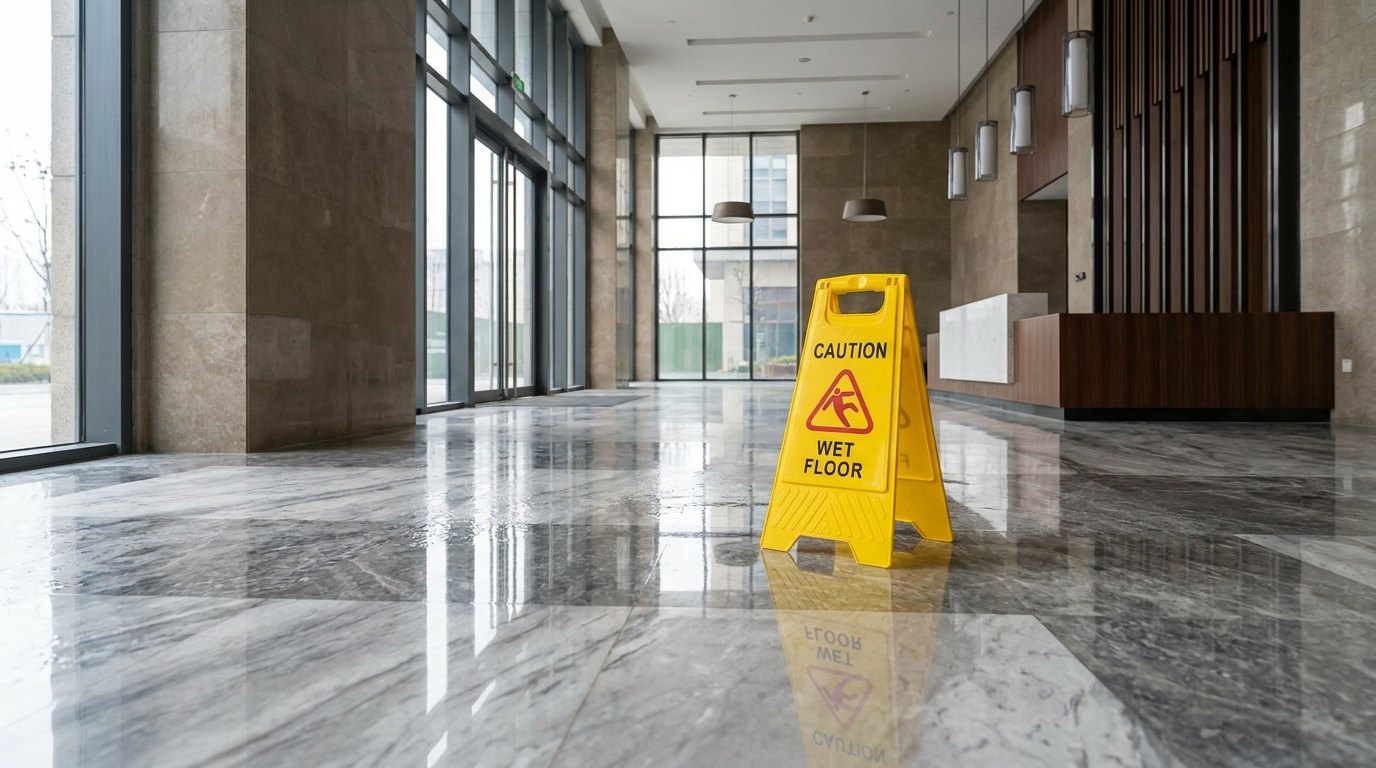 A wet lobby with a caution sign.