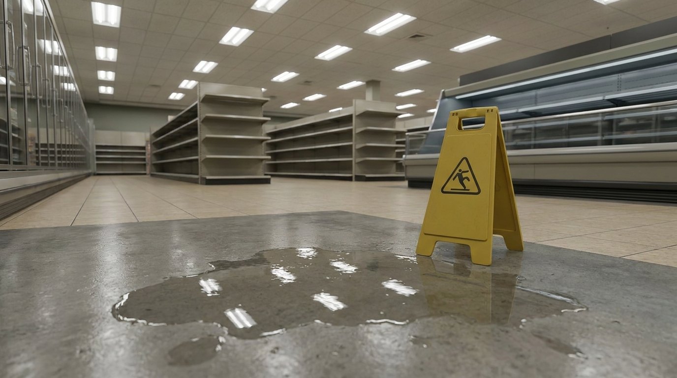 A spill and a caution sign.