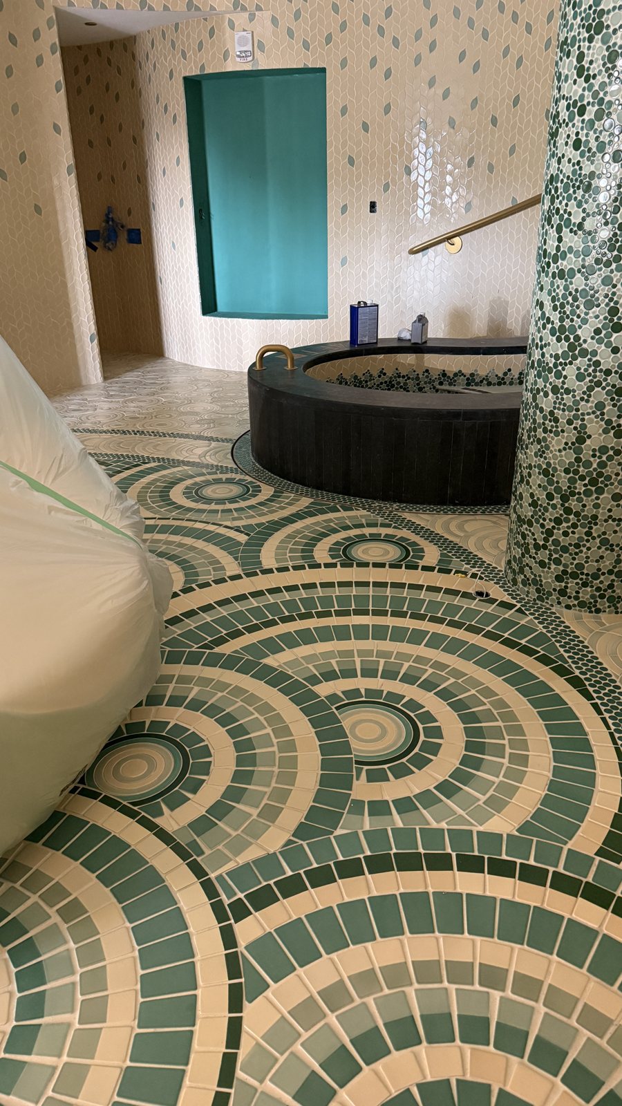 Mosaic tile around a spa.