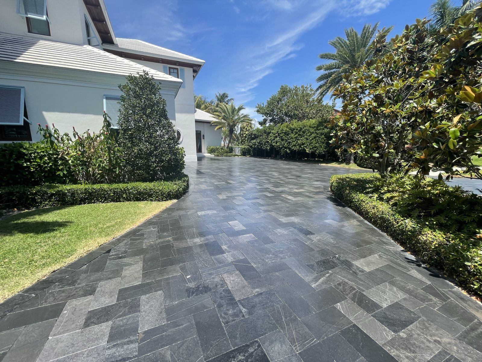 A finished stone driveway.